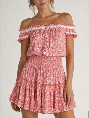 Poupette St. Barth Pink Floral One-Shoulder top with matching mini shirt medium